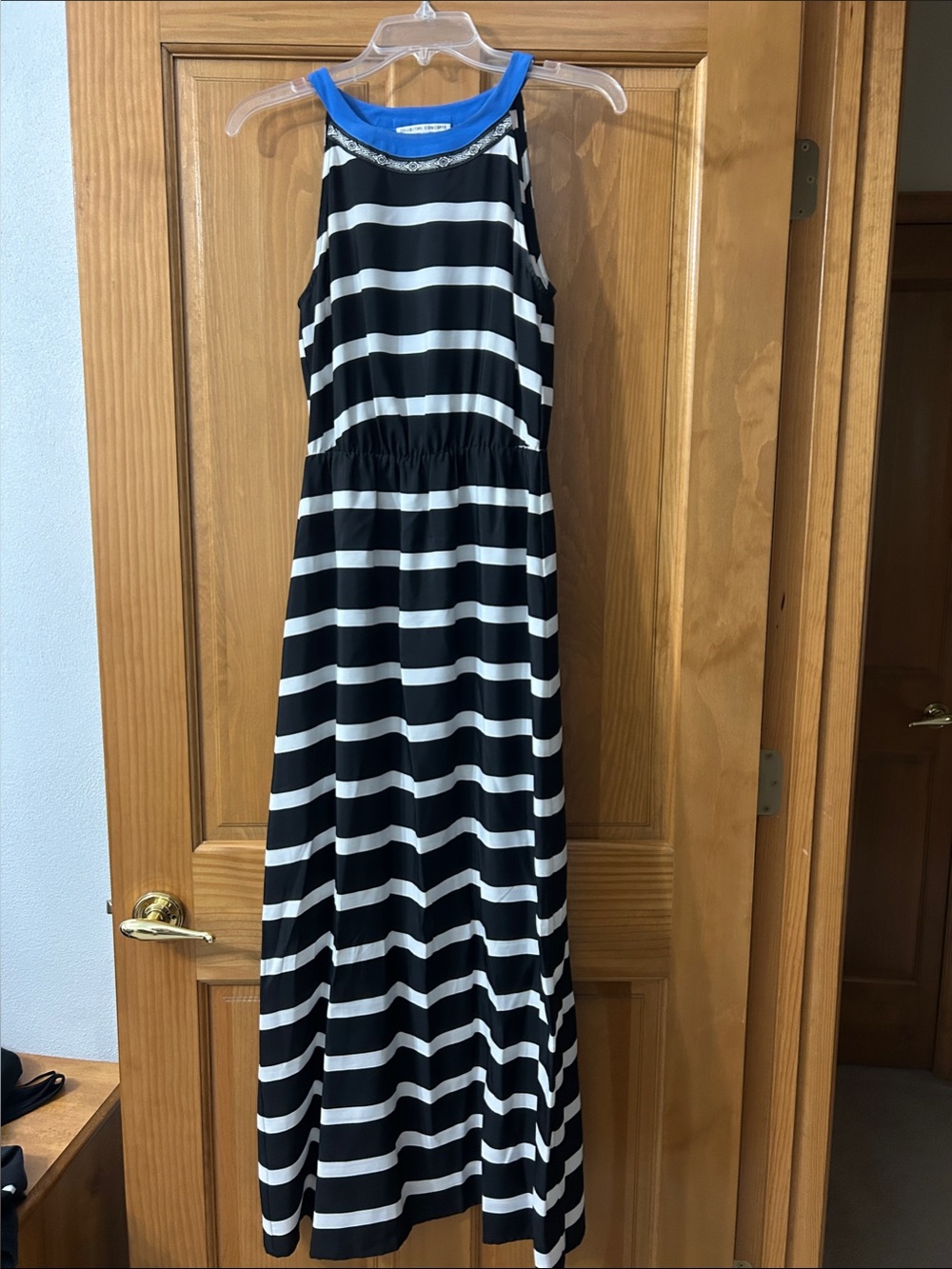 Collective Concepts Black & White Striped Maxi Dress with Blue Trim